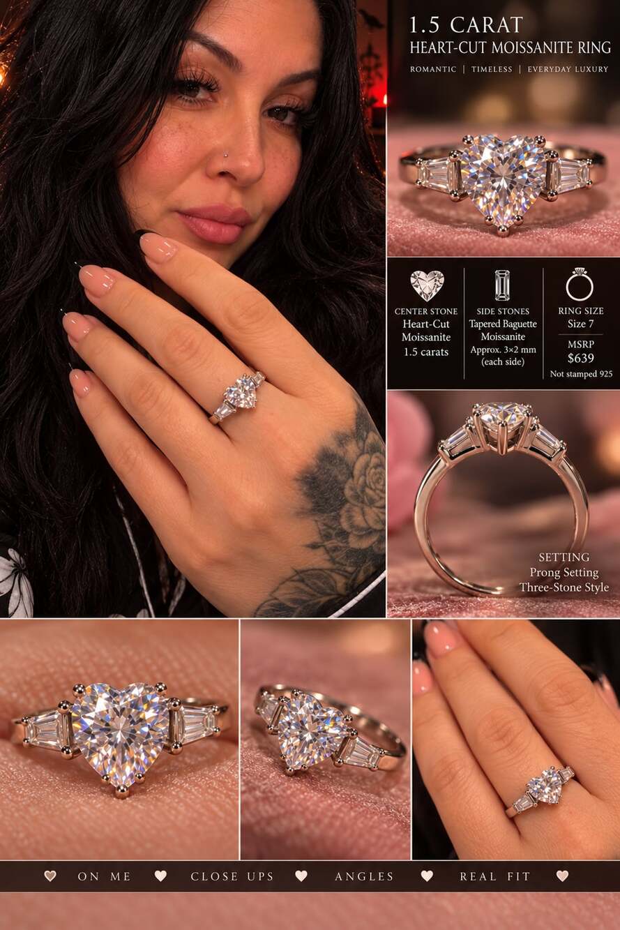 Moissanite Heart-Cut Ring Size 7 1.5 Carat Three-Stone Tapered Baguette bnwt